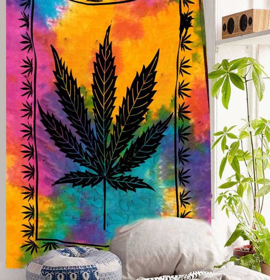 Cotton tapestry Marijuana leaf Cotton Tapestry Tie Dye Cannabis Beach Throw Wall Decor approx 140 cm x 210 cm