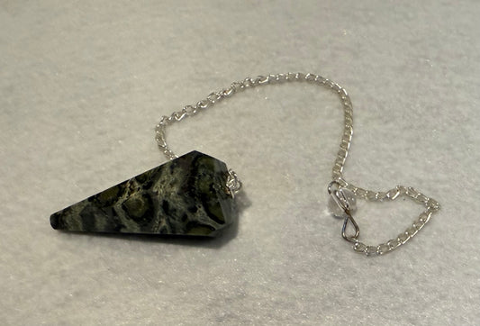 Kambaba Jasper Pendulum is  1.65” and with chain is 9.5”