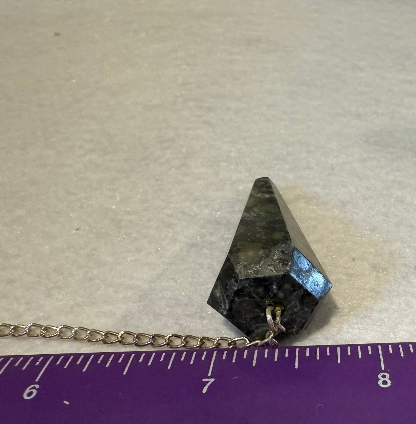 Pretty Kambaba Jasper Pendulum is 1.5” with chain is 9.25”