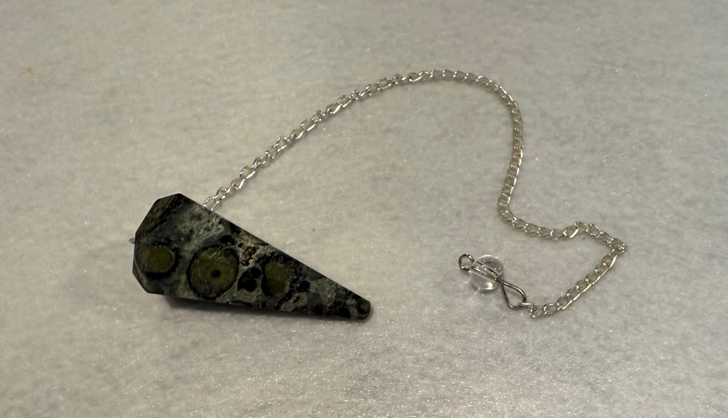 Kambaba Jasper Pendulum is  1.65” and with chain is 9.5”