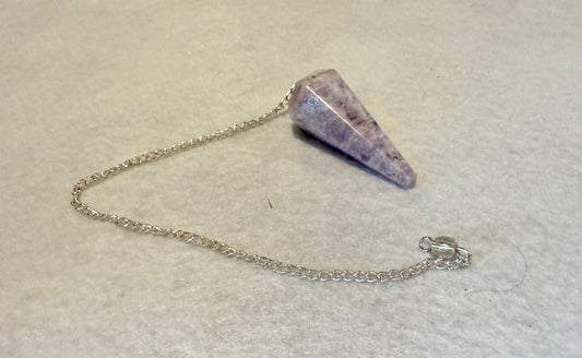 This pretty pink and purple Lepidolite Pendulum is  1.5” and with chain is 9”