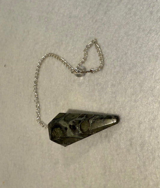 Kambaba Jasper Pendulum is  1.65” and with chain is 9.5”