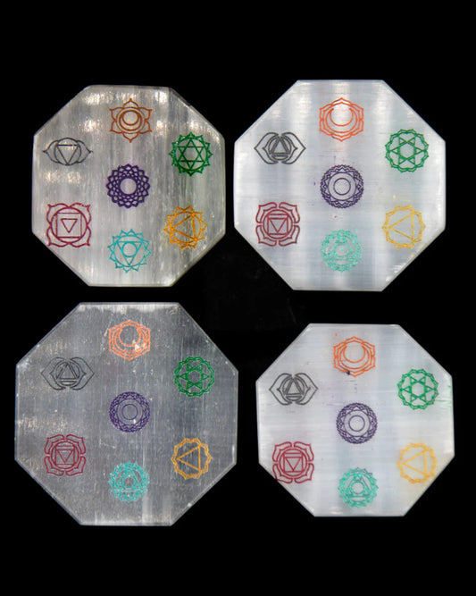 Beautiful Octagon, Reiki Selenite Charging Plate with Chakra symbols