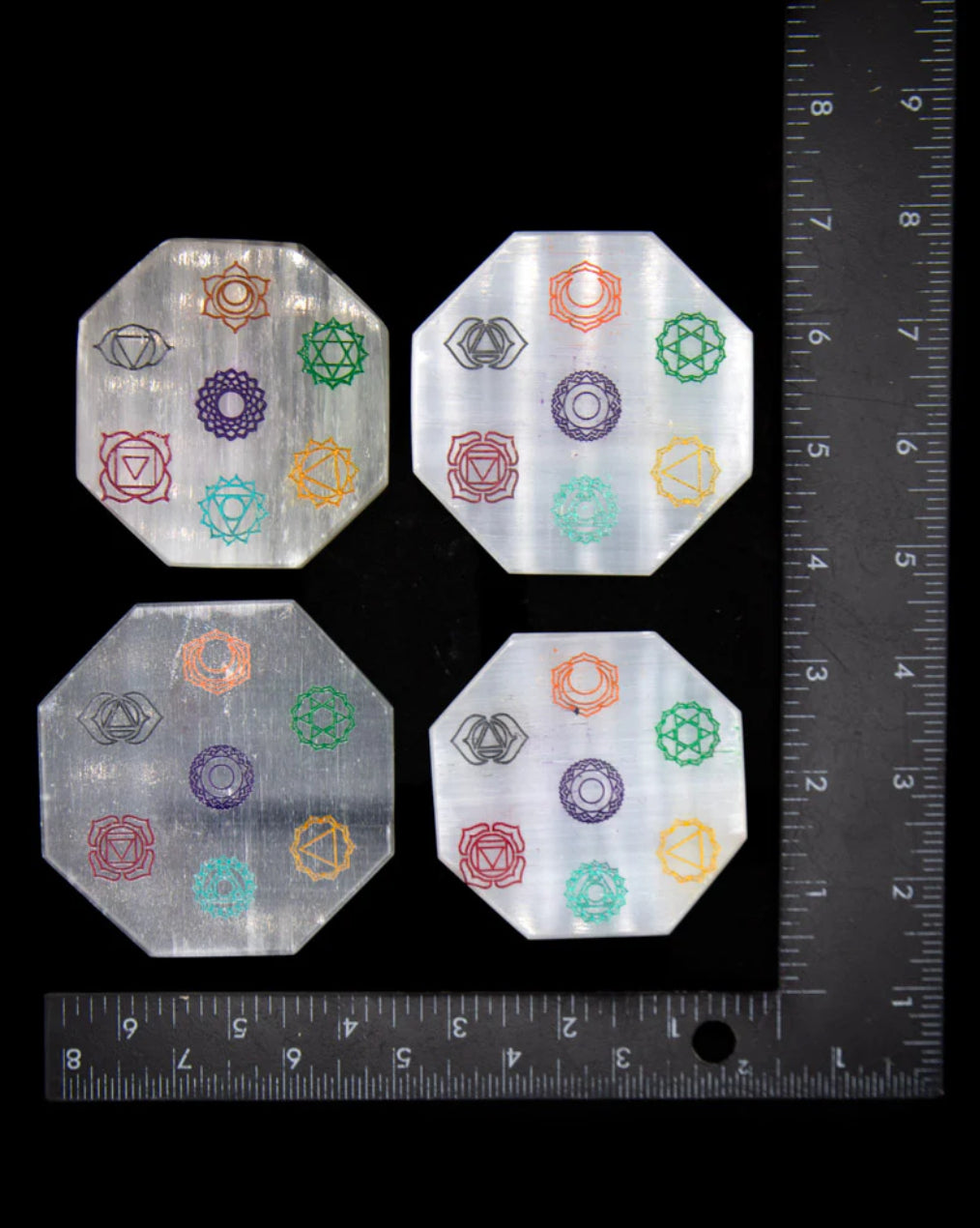 Beautiful Octagon, Reiki Selenite Charging Plate with Chakra symbols