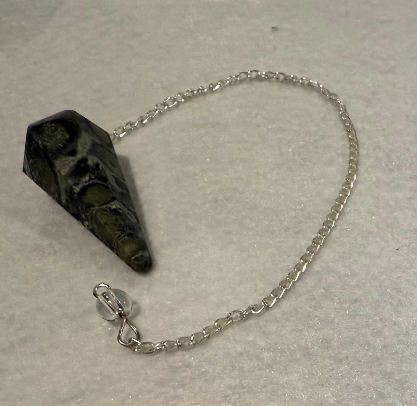 Kambaba Jasper Pendulum is  1.65” and with chain is 9.5”