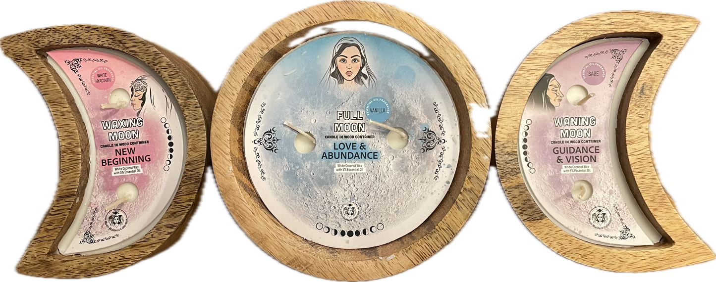 Set of three Moon Maidens Candle Collection - Waxing, Full and Waning - White Hyacinth, Vanilla and Sage LEAD FREE WICKS