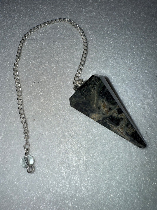 Unique Kambaba Jasper Pendulum is 1.5” and with chain is 9”