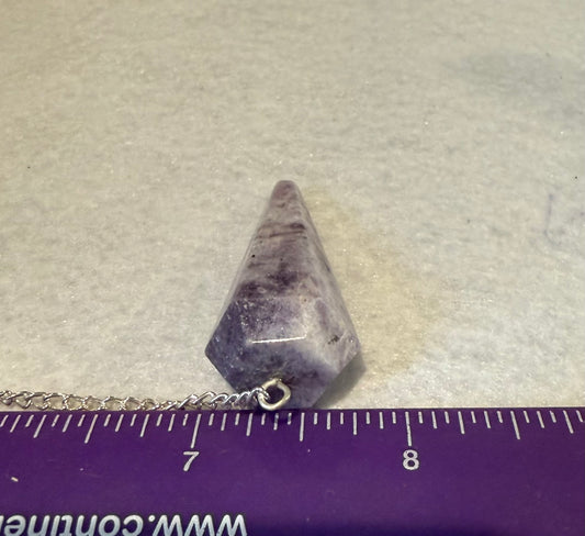 This pretty pink and purple Lepidolite Pendulum is  1.5” and with chain is 9”
