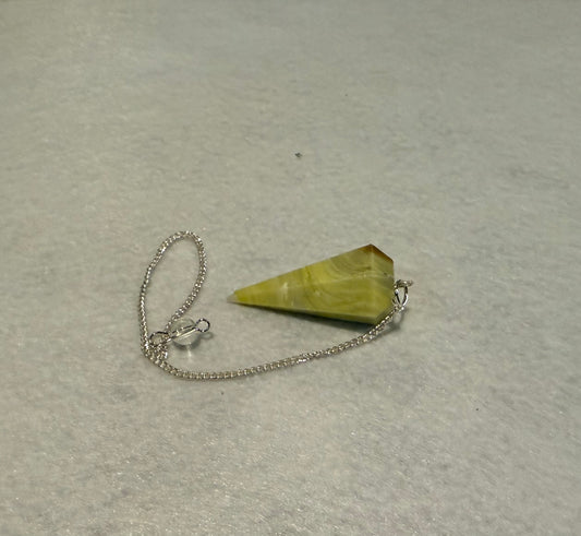 Beautiful Serpentine Pendulum is  1.5” and with chain is 8”.