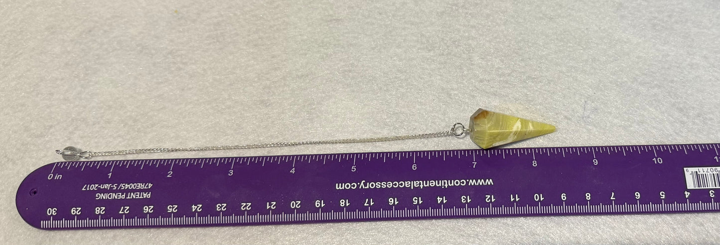 Beautiful Serpentine Pendulum is  1.5” and with chain is 8”.