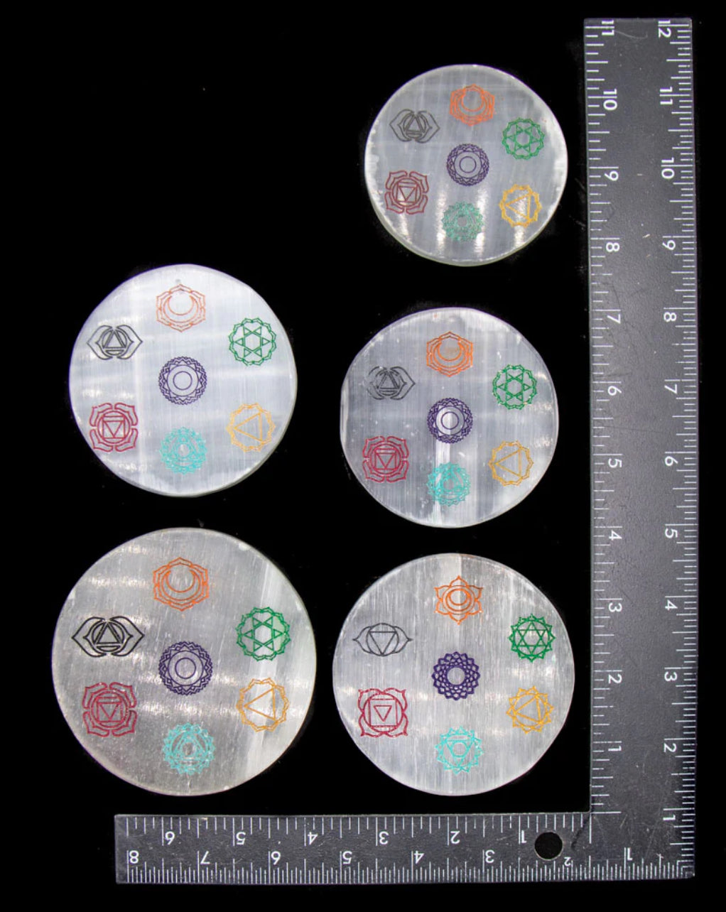 Beautiful Round, Reiki Selenite Charging Plate with Chakra symbols