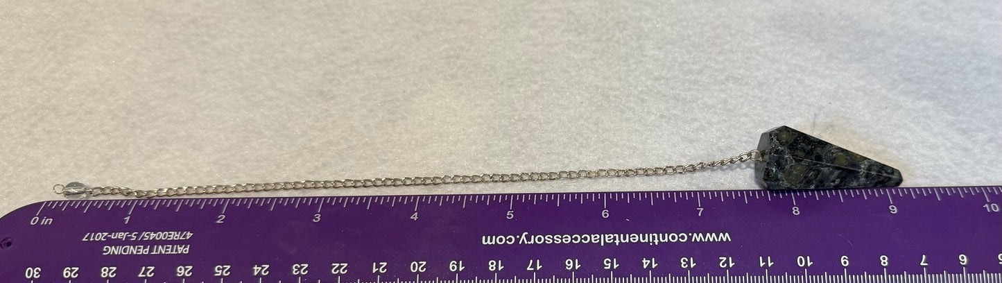 Pretty Kambaba Jasper Pendulum is 1.5” with chain is 9.25”