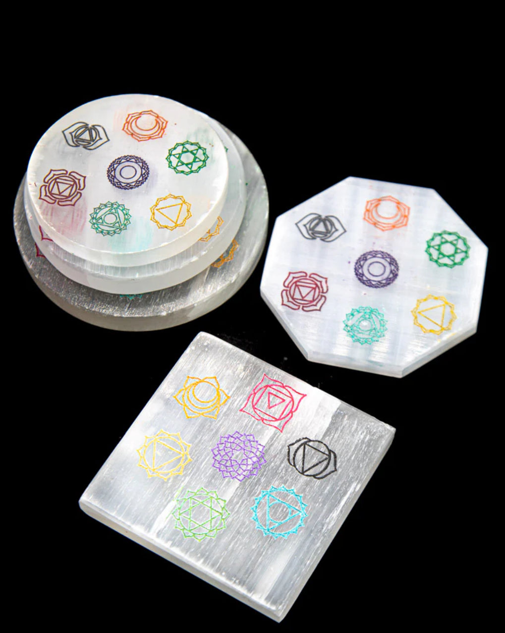 Beautiful Round, Reiki Selenite Charging Plate with Chakra symbols