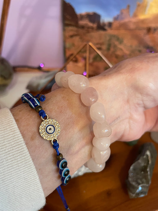 Beautiful Pink rose, quartz, chunky bracelets for love, perfect gift for mom, friends, daughters and pink lovers! One size fits all.