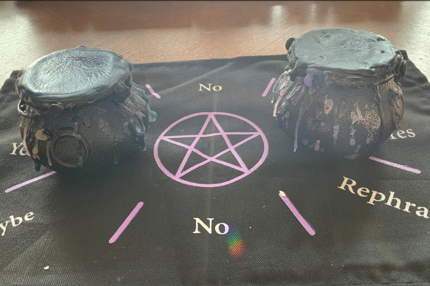 Crystal Confetti filled Black Witches Cauldron with at least piece of crystal jewelry and one uniquely shaped crystal inside, ie heart, mushroom, gnome, star, moon…
