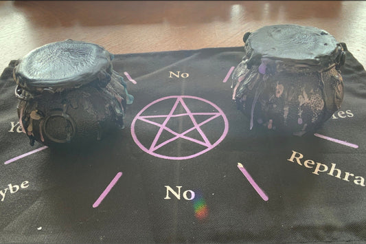 Crystal Confetti filled Black Witches Cauldron with at least piece of crystal jewelry and one uniquely shaped crystal inside, ie heart, mushroom, gnome, star, moon…