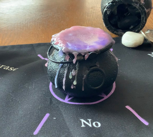 Crystal Confetti filled Black Witches Cauldron with at least piece of crystal jewelry and one uniquely shaped crystal inside, ie heart, mushroom, gnome, star, moon…