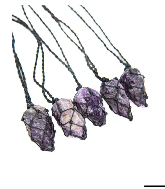 Uniquely crafted Hemp Macramé necklace with Amethyst crystal