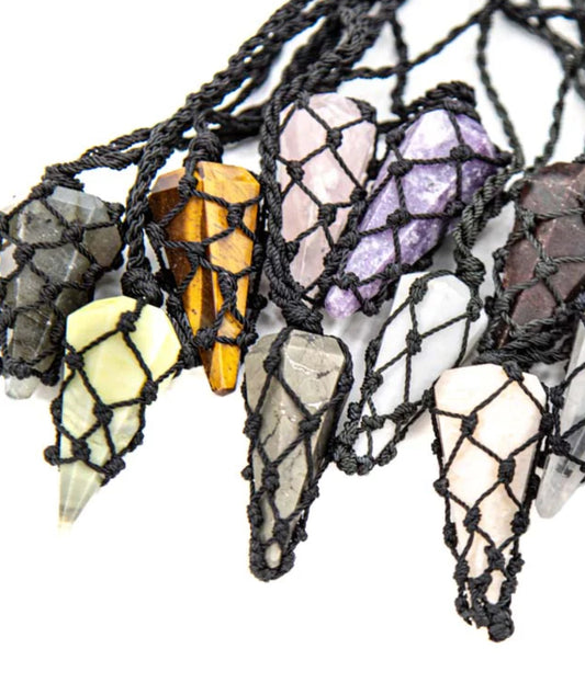 Uniquely crafted Hemp Macramé FACETED crystal necklaces with lots of choices