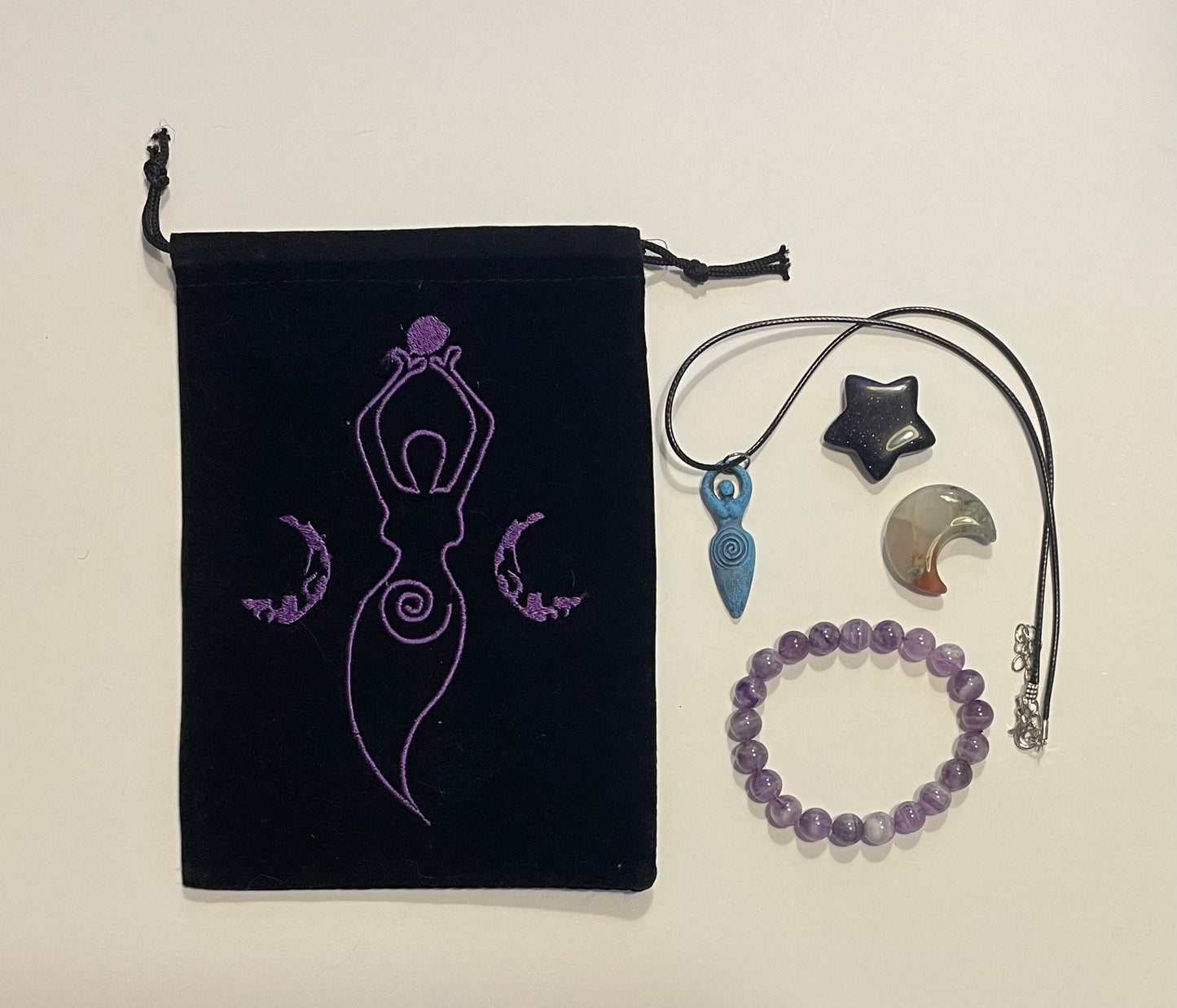 Goddess Collection - Necklace, Amethyst bracelet, crystal star and moon