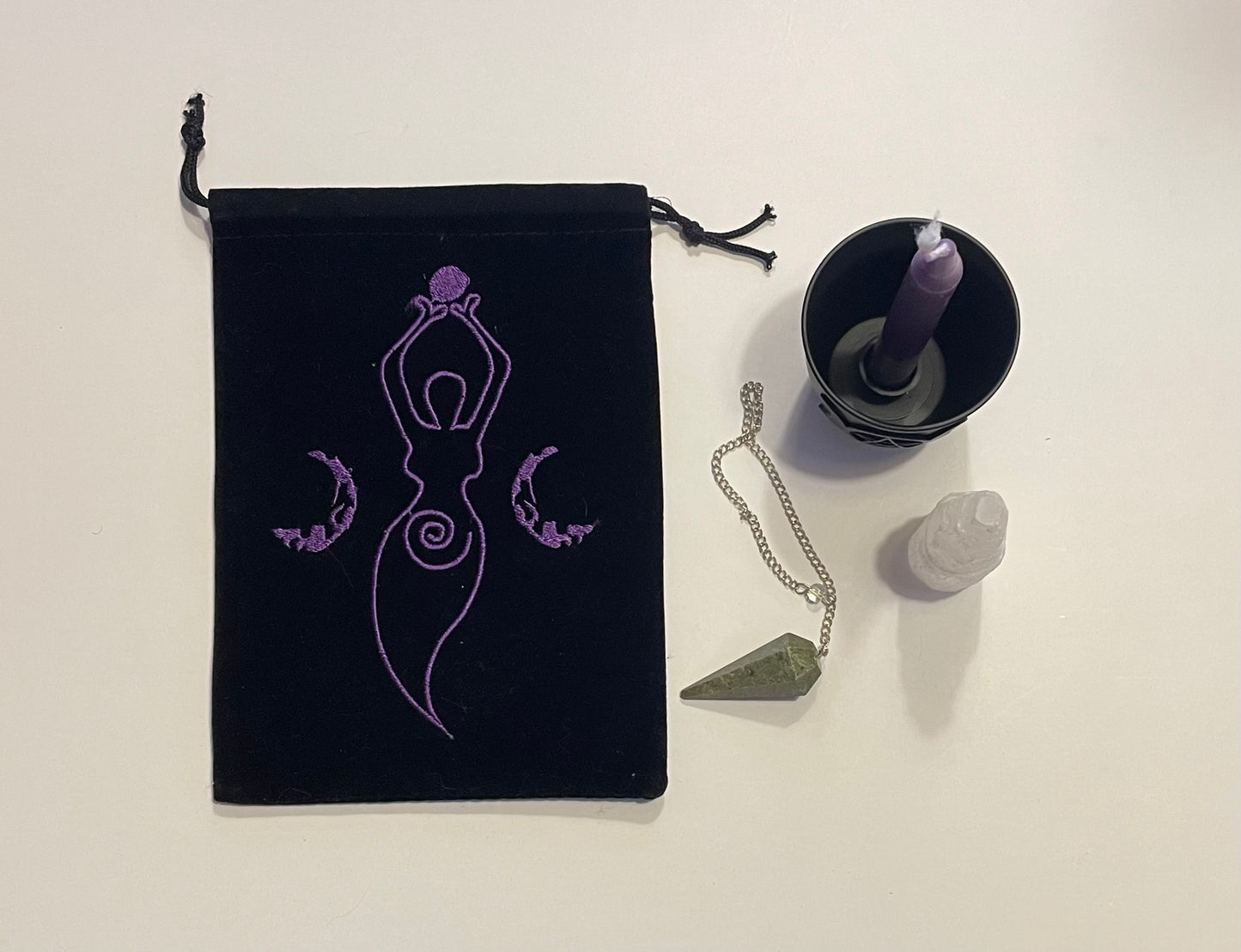 Goddess Collection - Triple Moon smudge pot candle holder, Selenite tower and pendulum