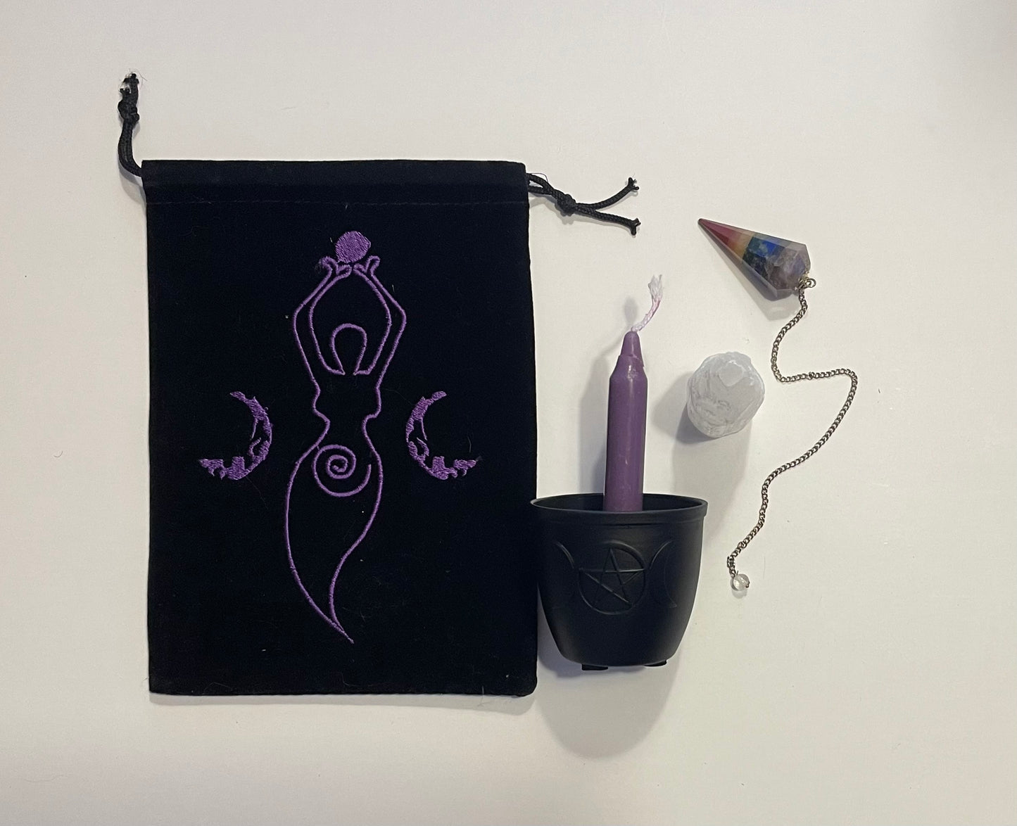 Goddess Collection - Triple Moon smudge pot candle holder, Selenite tower and pendulum