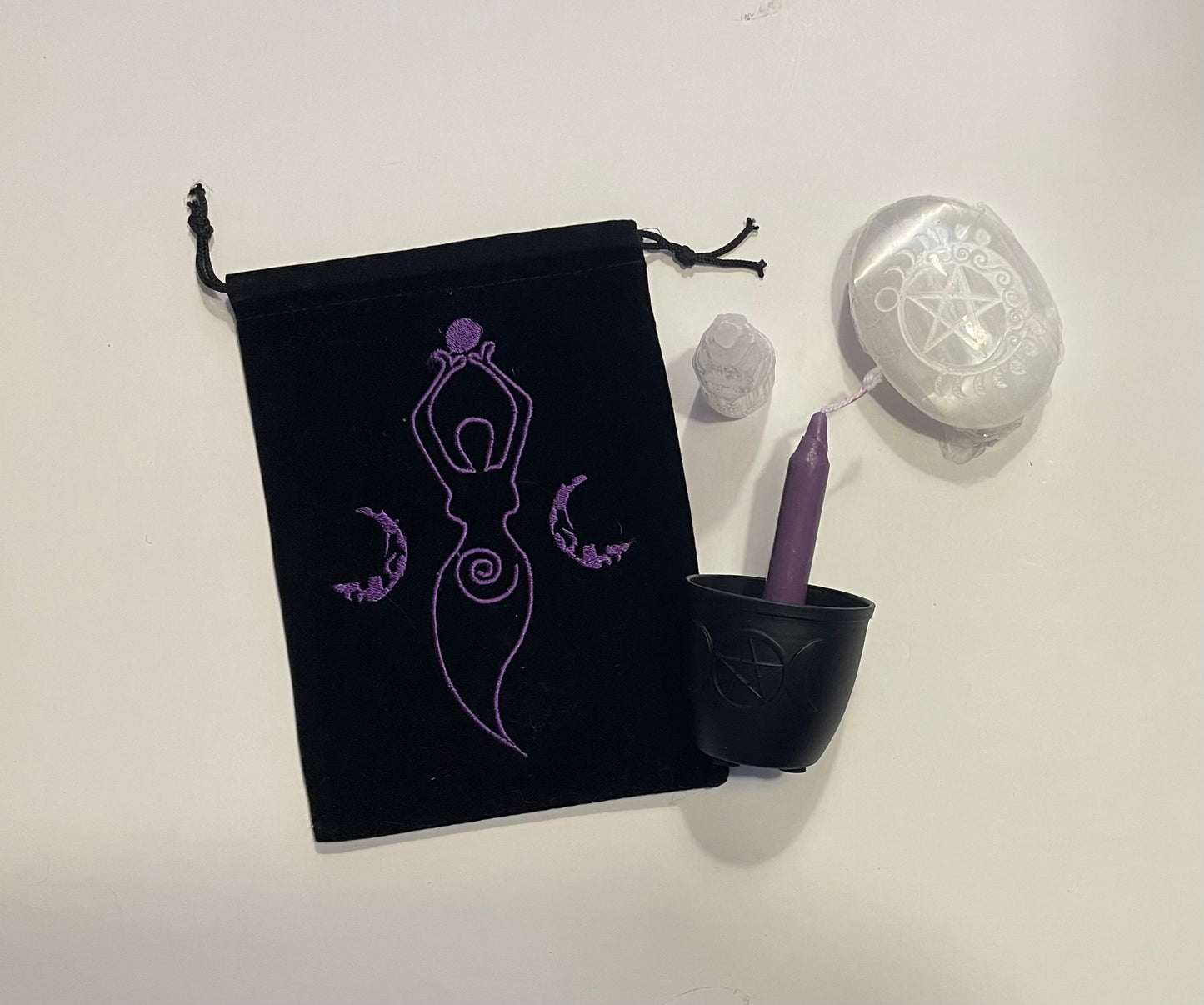 Goddess Collection - Triple Moon smudge pot candle holder, Selenite palm stone and tower.