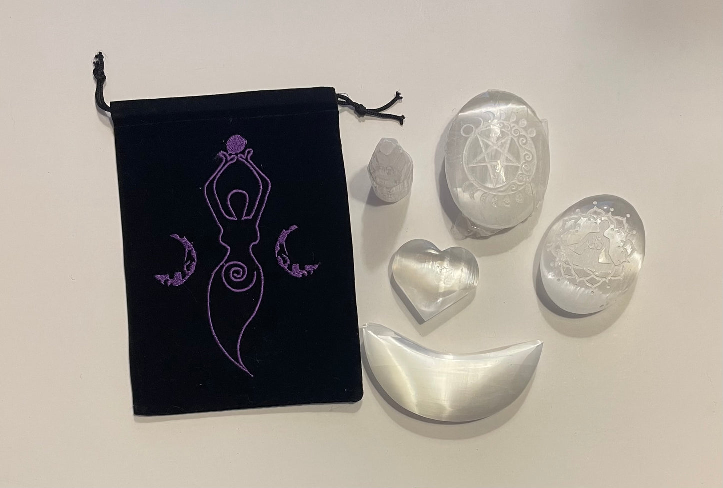 Goddess Collection - Selenite palm stone, heart, moon and tower.