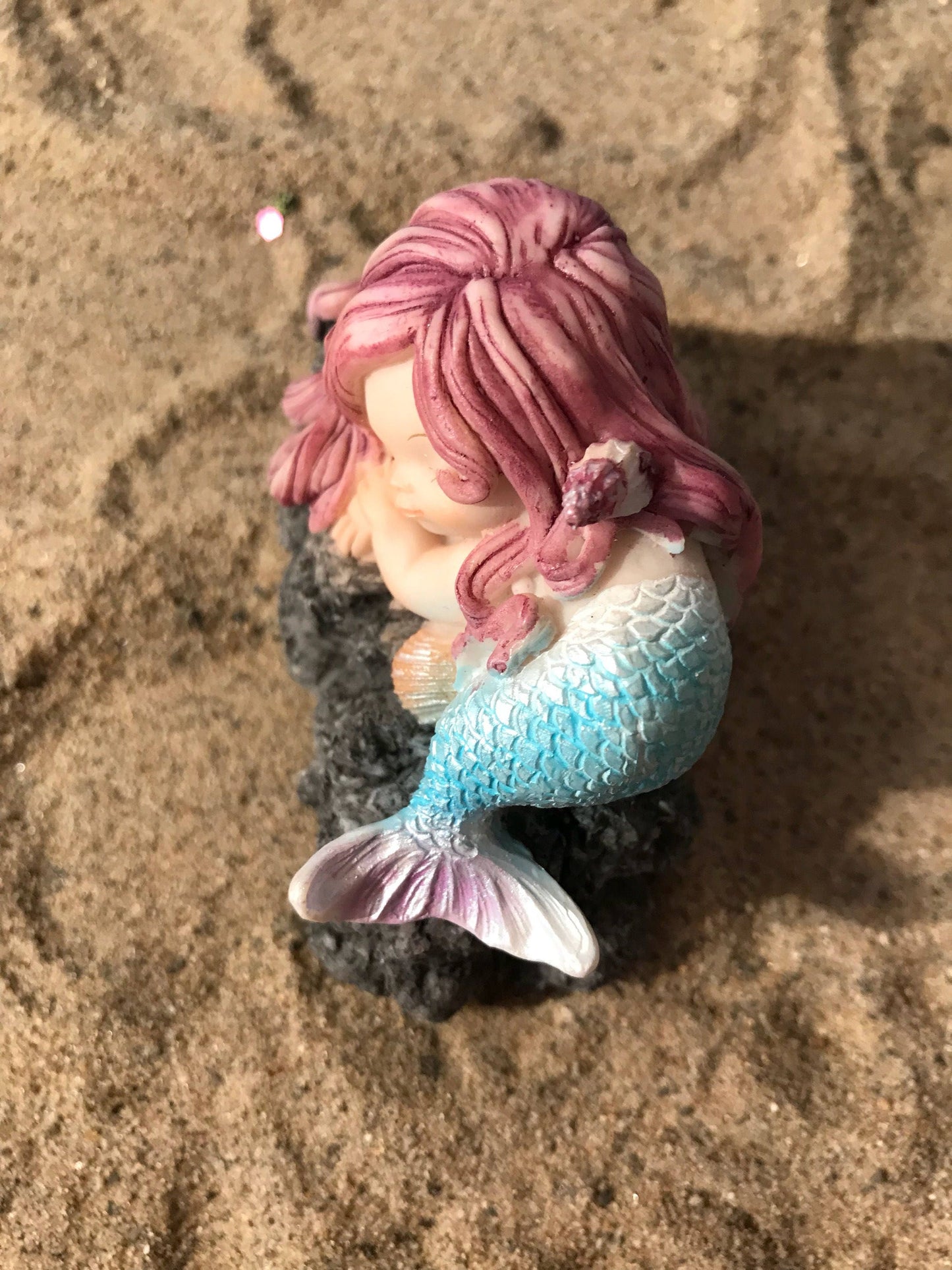 Pretty miniature mermaid, fairy garden mermaid with pink flowing hair, miniature beach nautical miniature garden mermaid, sleeping mermaid