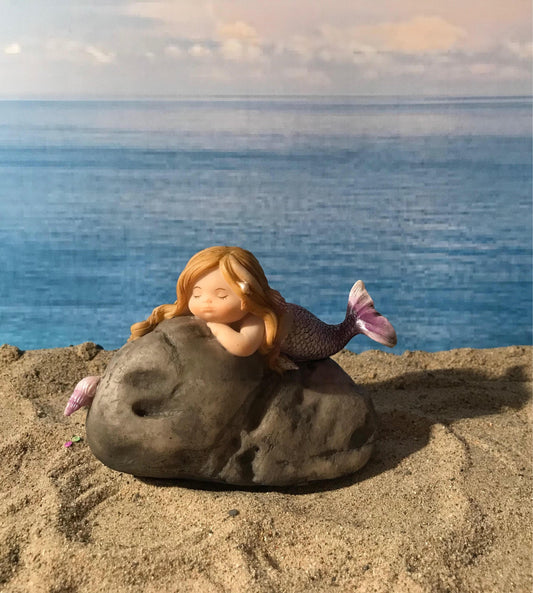 Pretty fairy beach garden mermaid with blonde hair. Miniature mermaid. Beach theme fairy garden.