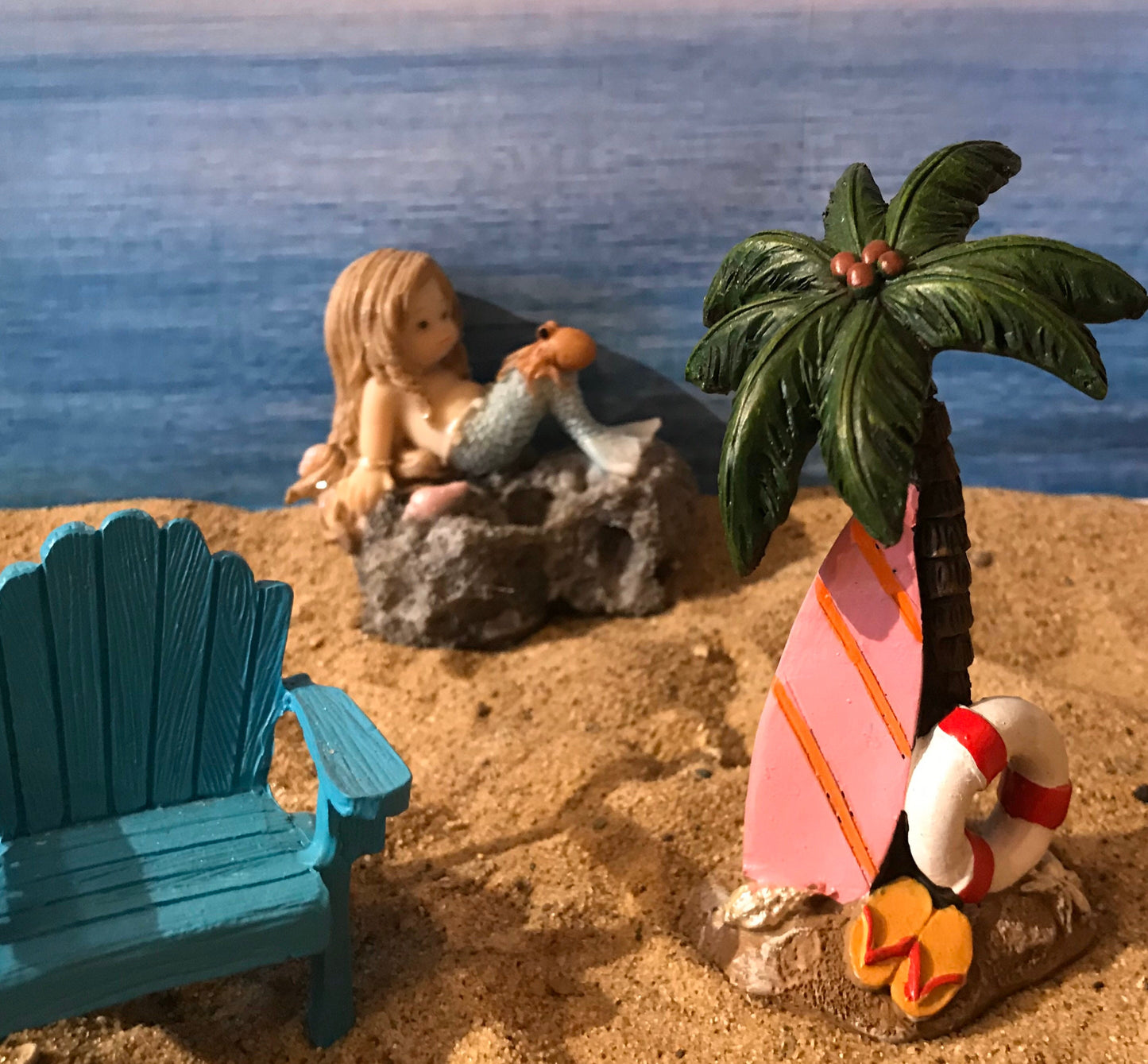 Pretty miniature mermaid with octopus fairy garden mermaid with pink flowing hair, miniature beach nautical mermaid, playful mermaid