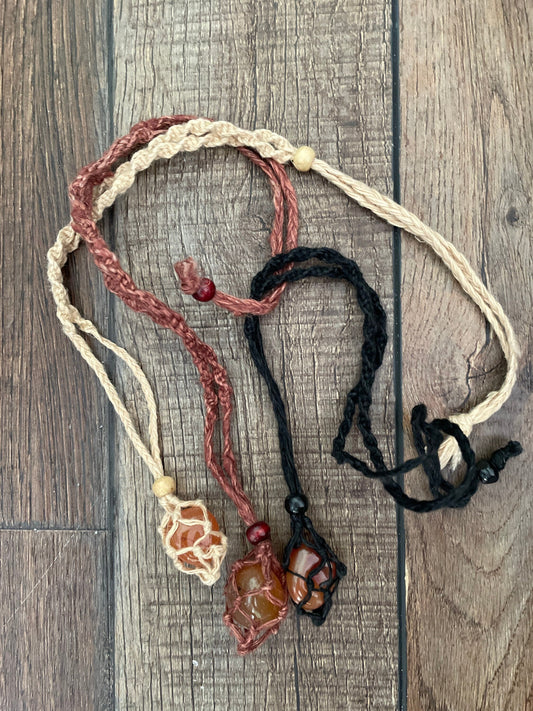Hemp Macramé necklace with Carnelian crystal three colors to choose from