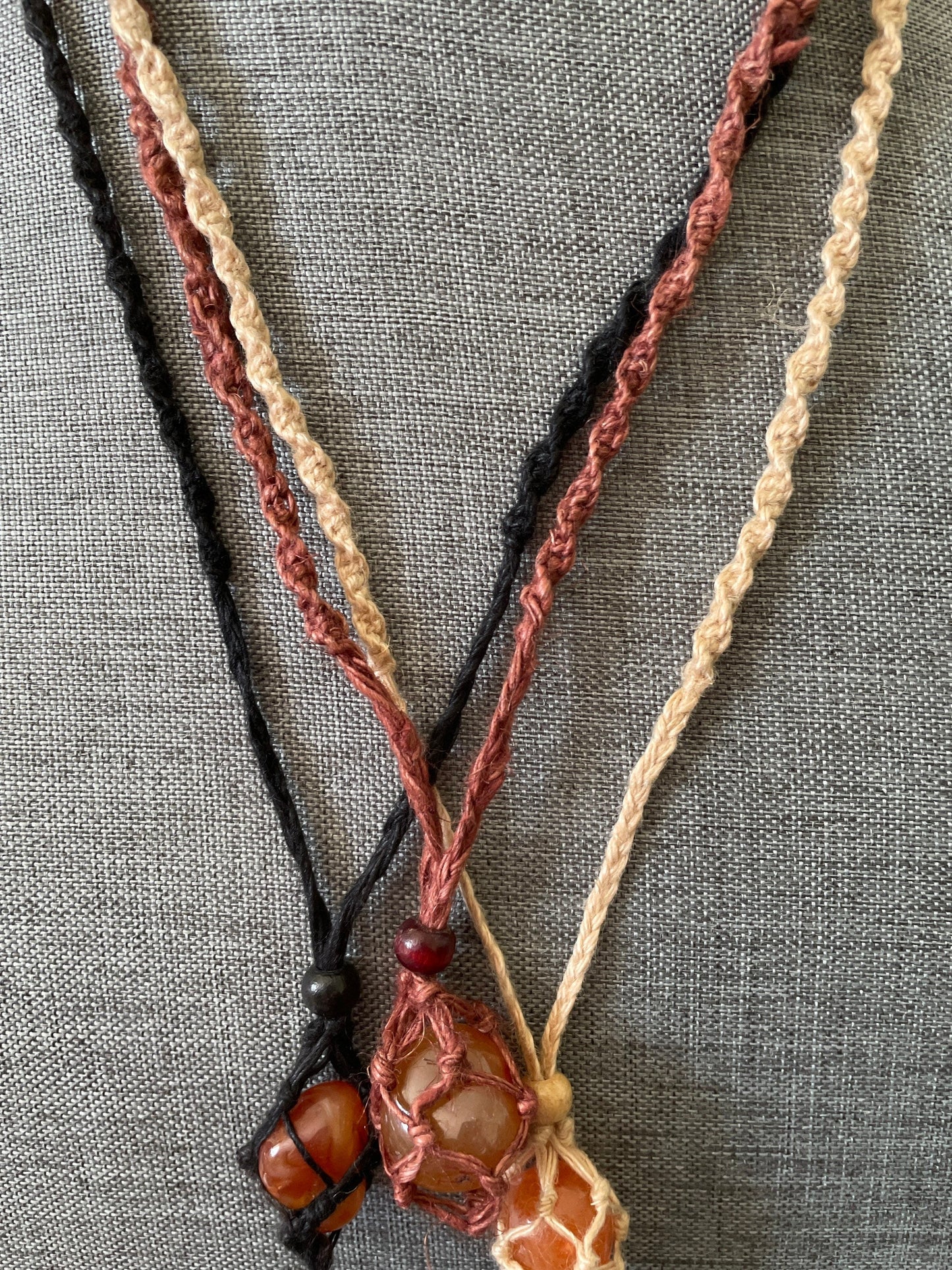 Hemp Macramé necklace with Carnelian crystal three colors to choose from