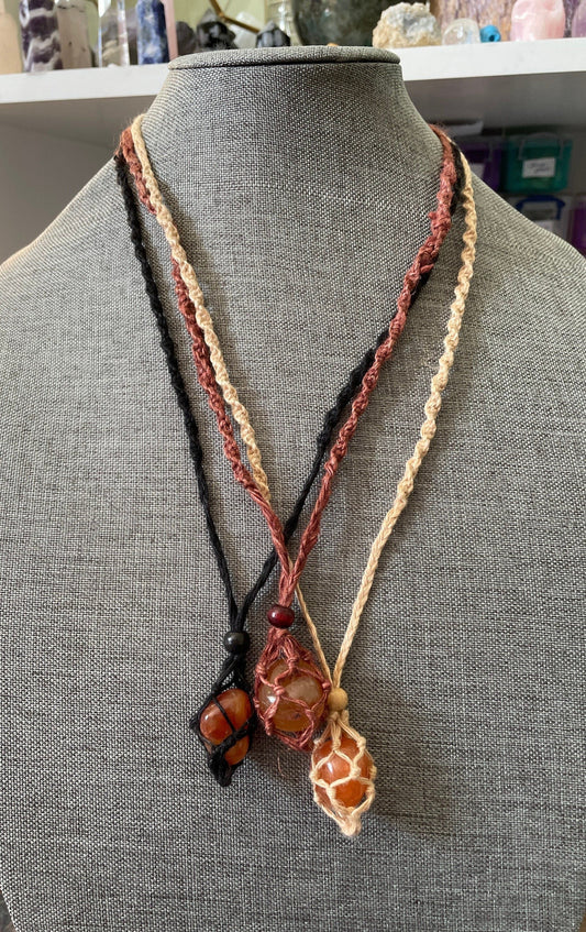 Hemp Macramé necklace with Carnelian crystal three colors to choose from