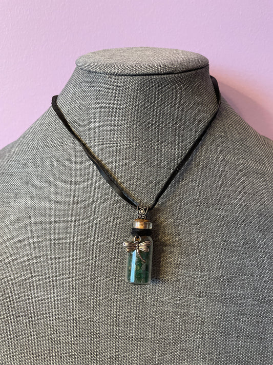 Small bottle with Green Aventurine chips and Dragonfly - black cord necklace - Good Luck - Money