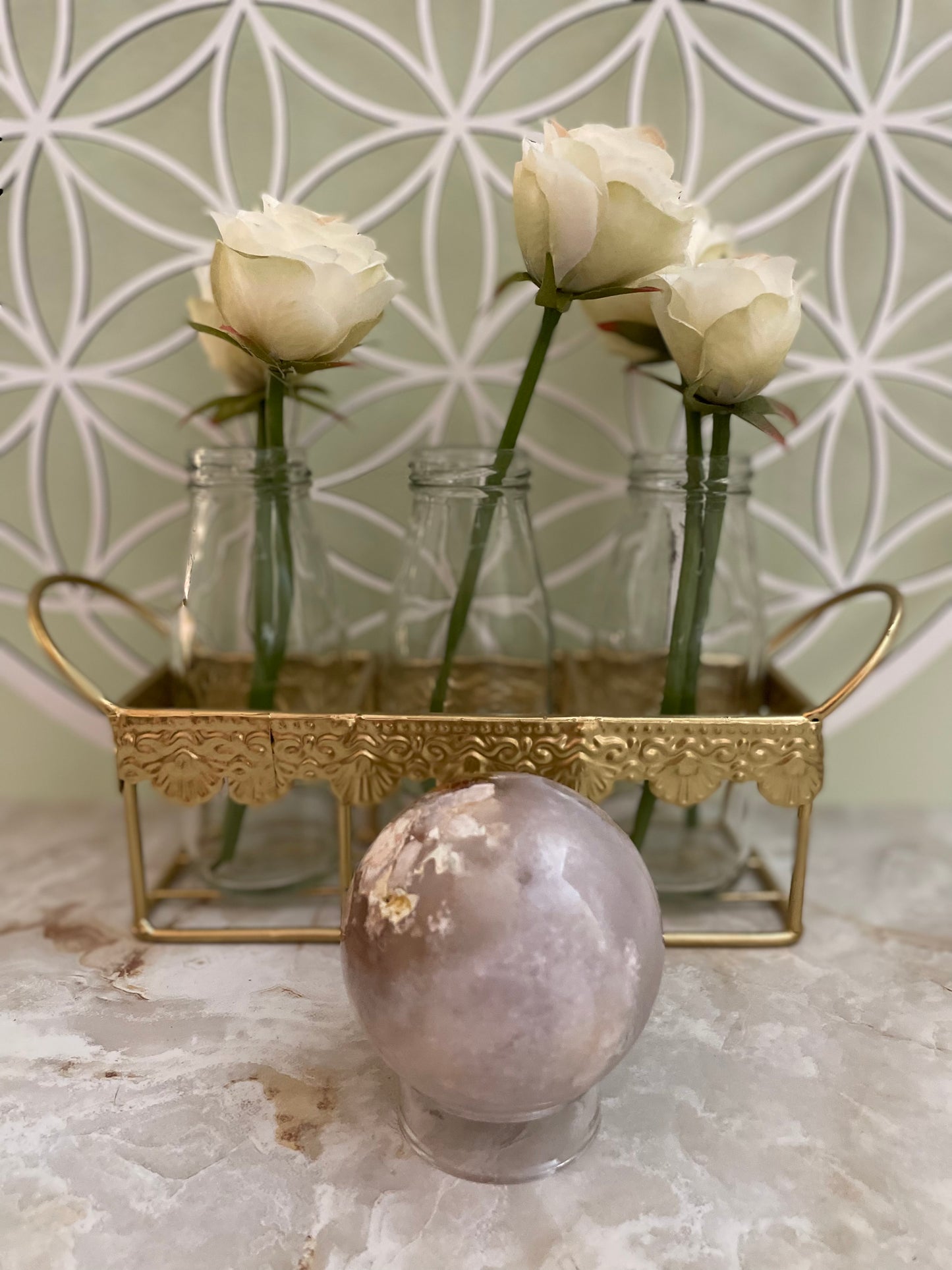 Flower Agate Sphere weighs nearly 1 pound