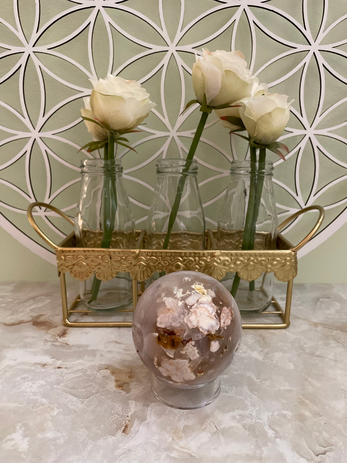 Flower Agate Sphere weighs nearly 1 pound