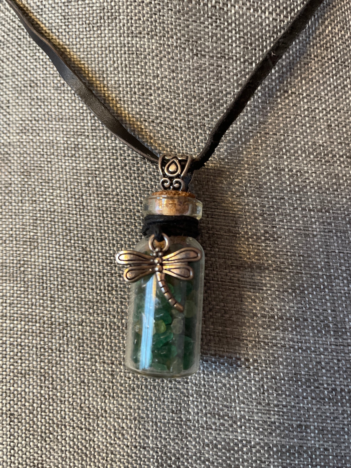 Small bottle with Green Aventurine chips and Dragonfly - black cord necklace - Good Luck - Money