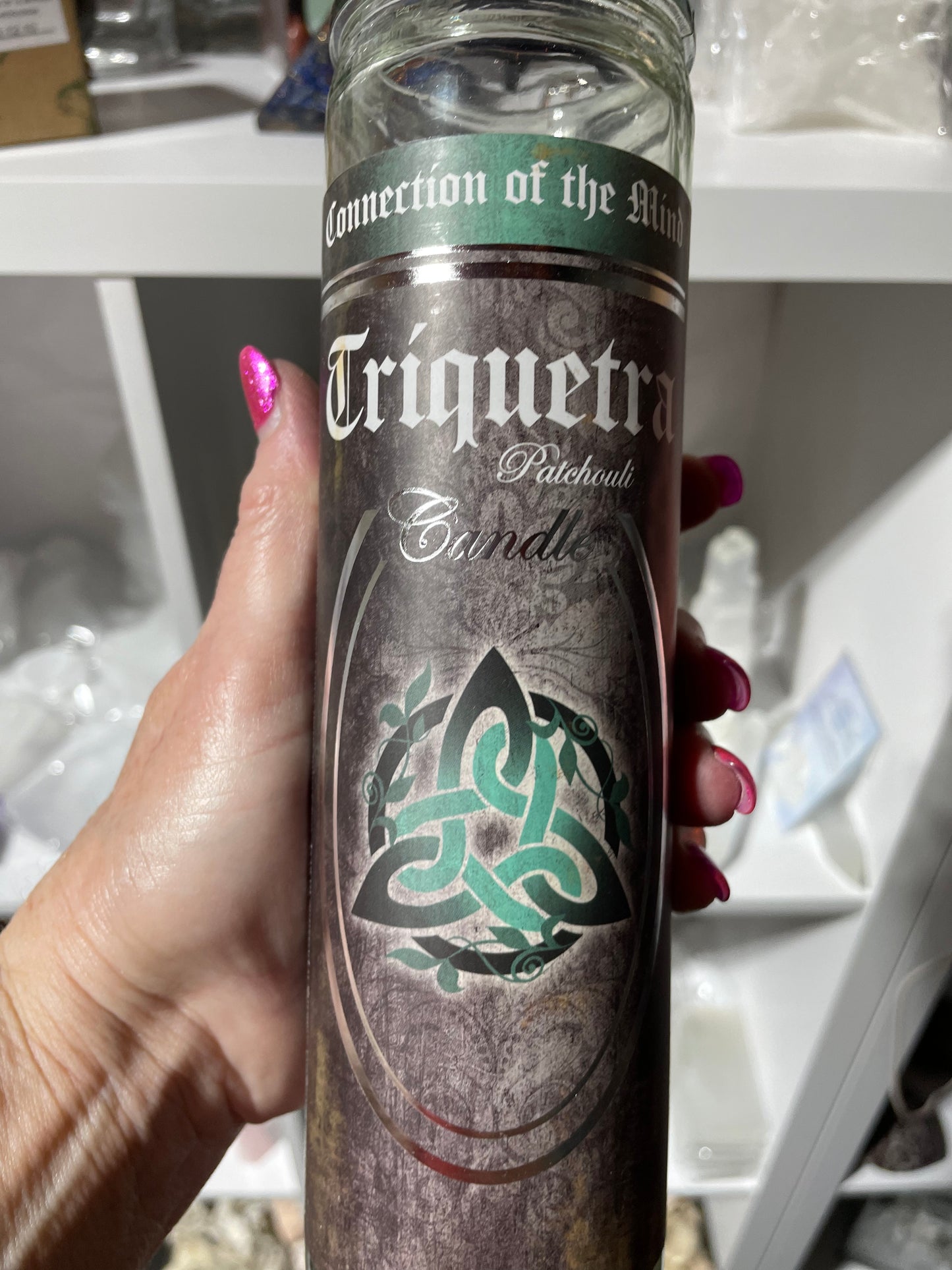 7 Day Glass Ritual Candle - Triquetra - Patchouli -Connection of the Mind