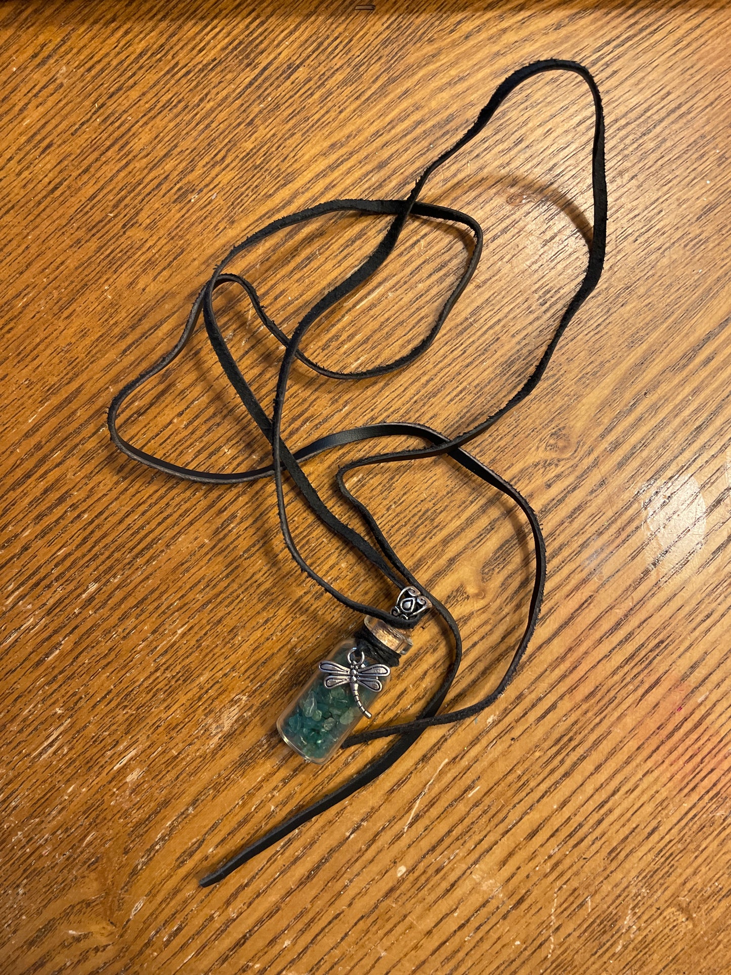 Small bottle with Green Aventurine chips and Dragonfly - black cord necklace - Good Luck - Money