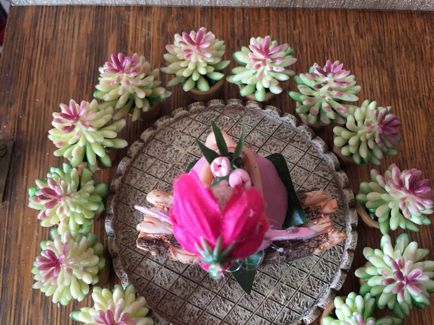 Miniature fairy figurine sitting on bench holding mini pot pink tulips.Cute mini pink fairy w/flower hat.Clay pot succulent mini succulent