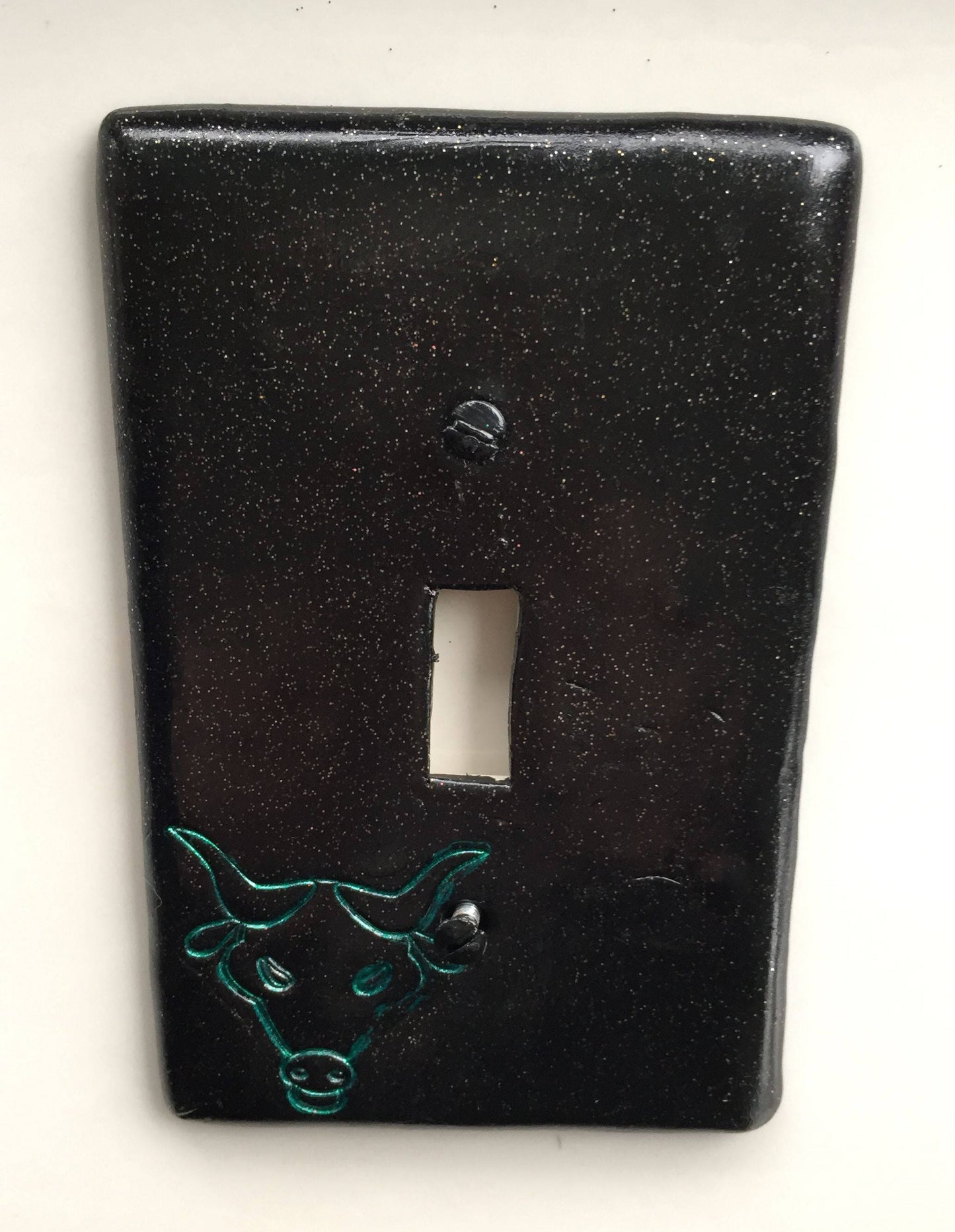 Taurus The Bull light switch plate cover for single toggle switch. black with glitter and metallic green bull CUSTOM COLORS AVAILABLE