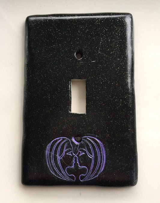 Gemini The Twins light switch plate cover for single toggle switch plate cover, black with glitter metallic purple custom colors available