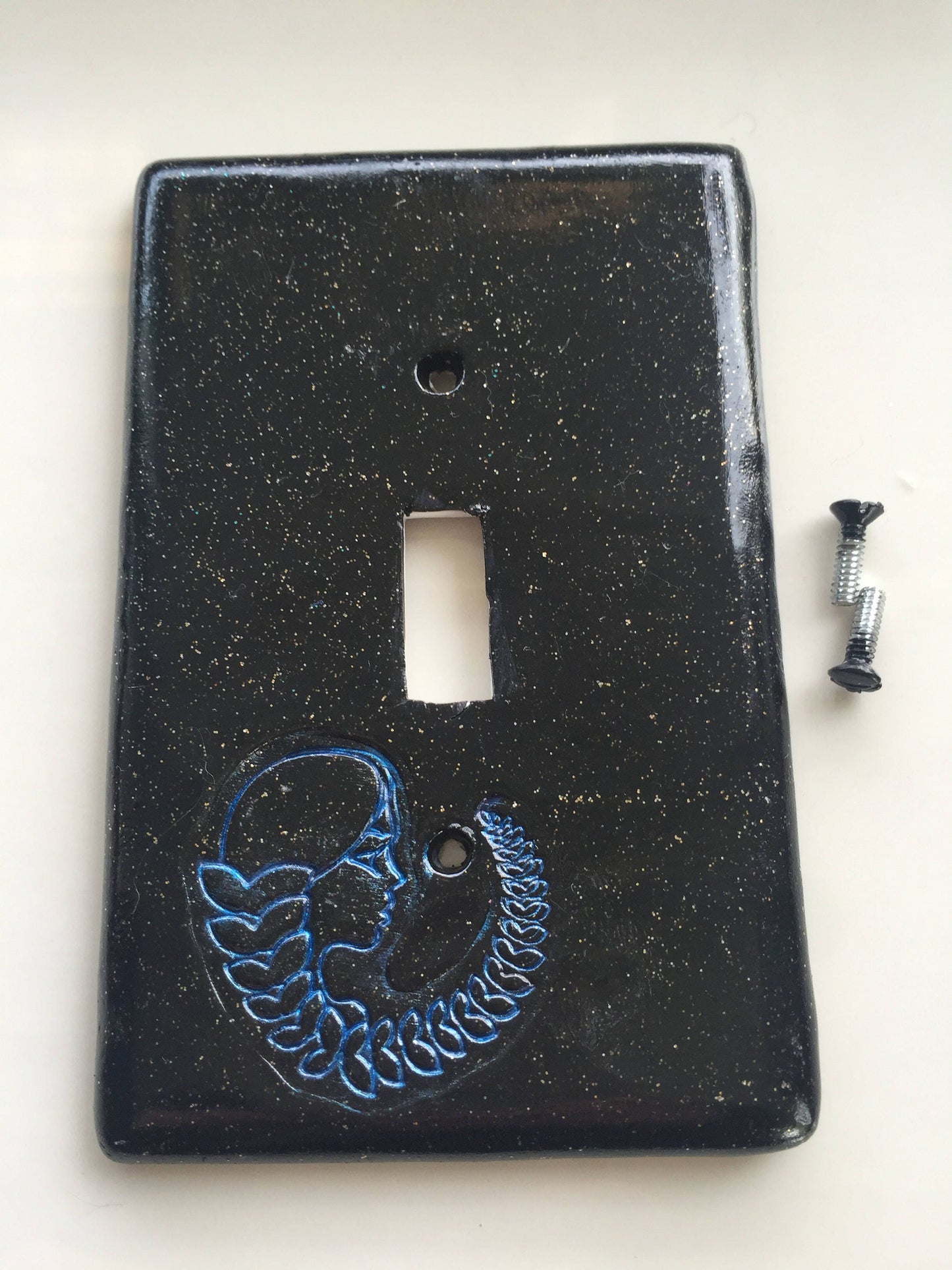 Virgo the Virgin light switch plate cover for single toggle switch plate cover, black with glitter blue metallic custom colors available