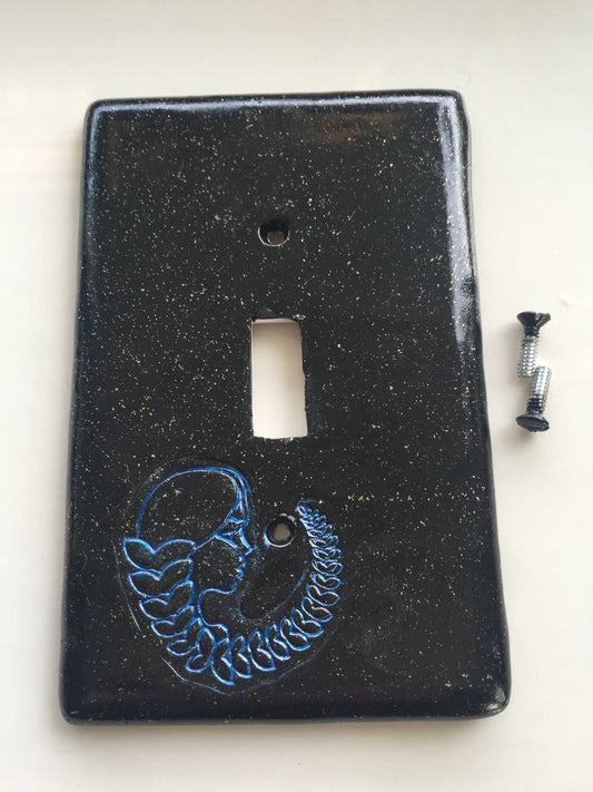Virgo the Virgin light switch plate cover for single toggle switch plate cover, black with glitter blue metallic custom colors available