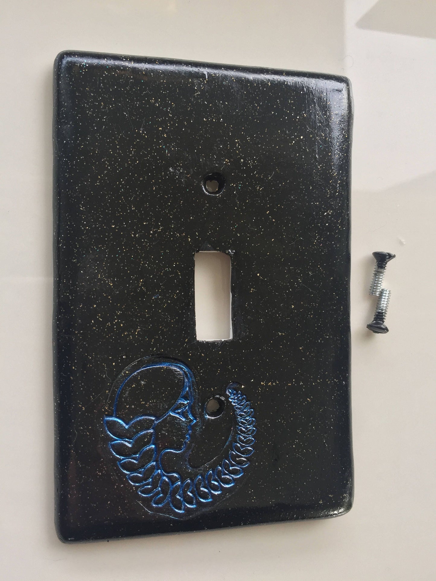 Virgo the Virgin light switch plate cover for single toggle switch plate cover, black with glitter blue metallic custom colors available