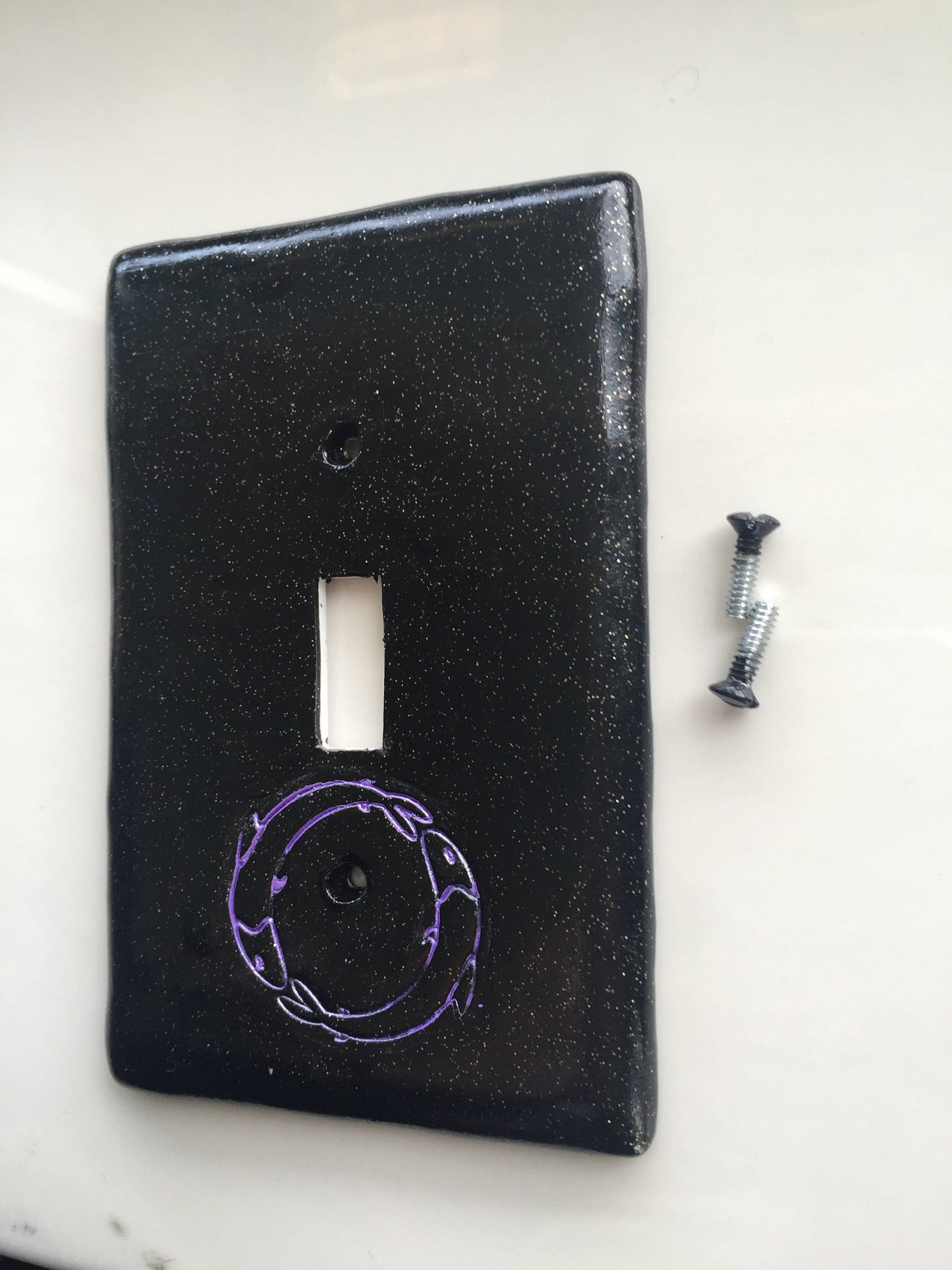 Pisces the fish light switch plate cover for single toggle switch plate cover, black with glitter metallic blue custom colors available