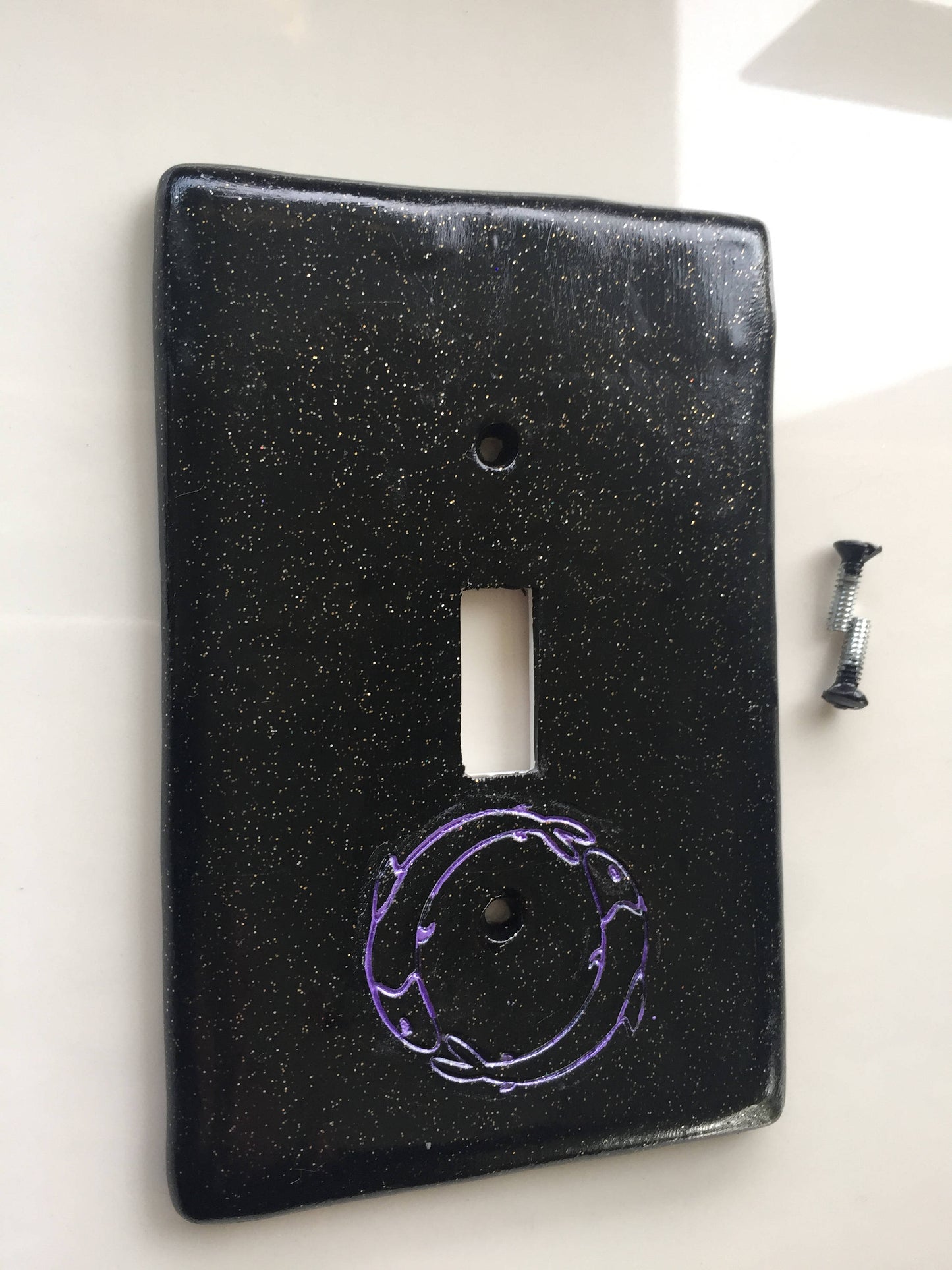Pisces the fish light switch plate cover for single toggle switch plate cover, black with glitter metallic blue custom colors available