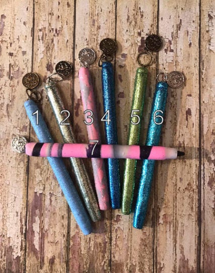 Beautiful purples pinks opal glitters refillable polymer clay pens Blues green sage glitter pen zodiac pens for each astrological sign.