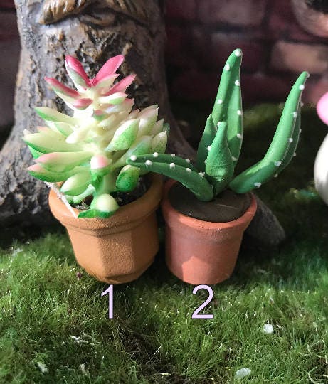 Miniature fairy figurine sitting on bench holding mini pot pink tulips.Cute mini pink fairy w/flower hat.Clay pot succulent mini succulent